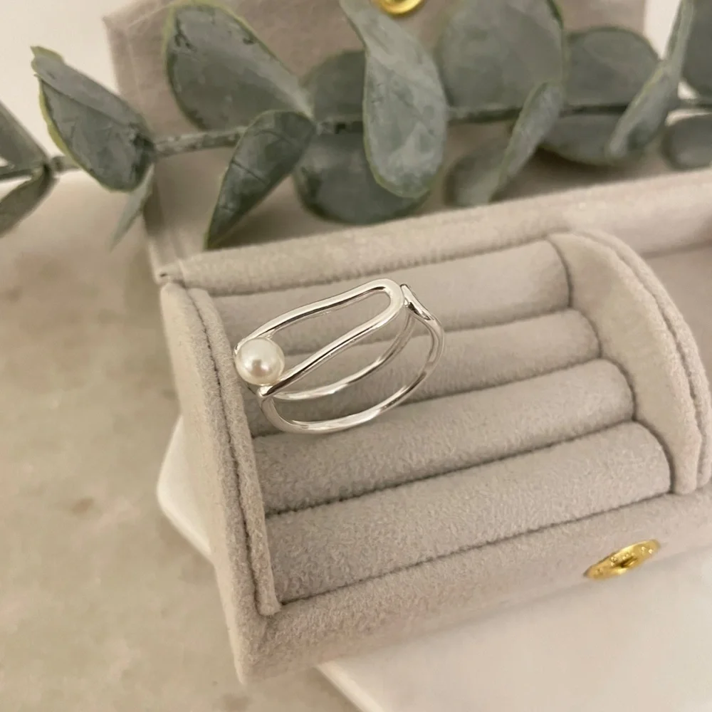 925 Sterling Silver Minimalist Geometric Pearl Ring Dainty Ring Modern Bar Ring